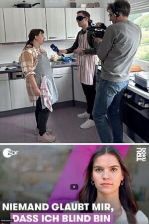 Zwei Ausschnitte aus Filmbeiträgen über die blista, oben spricht eine junge Frau in ein Mikrofon, während sie gefilmt wird.  Unten steht auf dem Bild einer jungen Frau: "Niemand glaubt mir, dass ich blind bin."