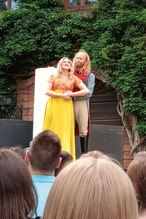 Die Schauspieler*innen der American Drama Group auf einer Freilichtbühne.