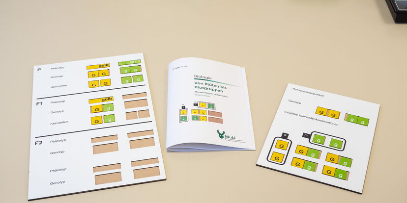Ein UV-gedrucktes MuLi Biologie Lernpaket liegt auf einem Tisch.